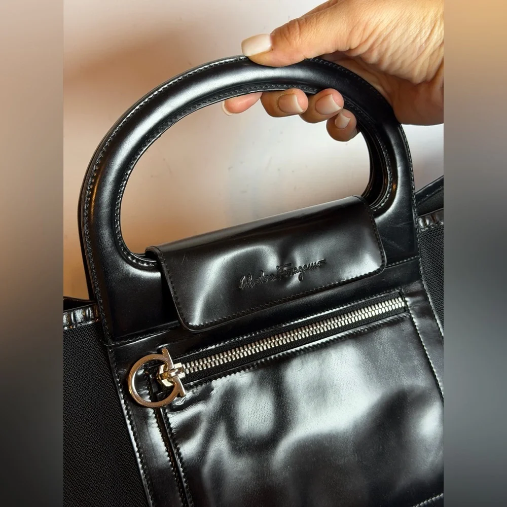 Salvatore Ferragamo Gancini Hand Bag in Black Nylon with Black Leather Trim